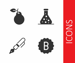 Set Exam paper with incorrect answers, Pear, Fountain pen nib and Test tube icon. Vector