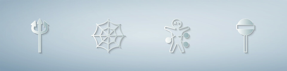 Set Trident devil, Spider web, Voodoo doll and Lollipop. Paper art style. Vector