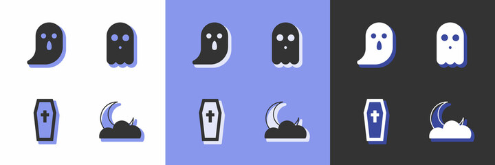 Set Moon and stars, Ghost, Coffin with christian cross and icon. Vector