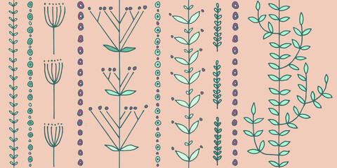 Seamless vector pattern with original plants and flowers vertically directed