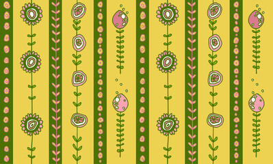 Striped seamless vector pattern with ornaments from original hand-drawn plants and flowers in gentle pastel yellow-green colors