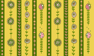 Striped seamless vector pattern with ornaments from original hand-drawn plants and flowers in gentle pastel yellow-green colors