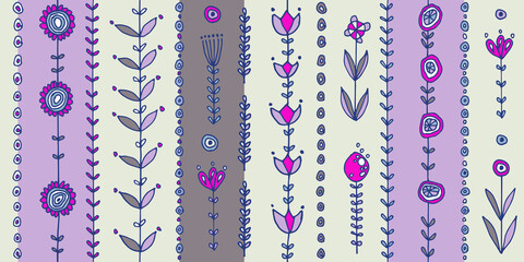 Seamless vector pattern with original plants and flowers vertically directed