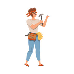 Man hammering nail into wall. Househusband doing daily routine cartoon vector illustration