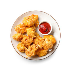 Plate with tasty popcorn chicken and sauce on white background © Pixel-Shot
