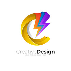 C logo and thunder, Letter V logo with voltage icon