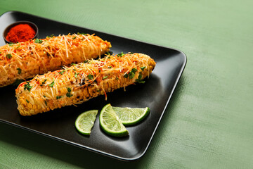 Plate with tasty Elote Mexican Street Corn on green wooden background, closeup
