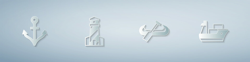Set Anchor, Lighthouse, Kayak and paddle and Cargo ship. Paper art style. Vector