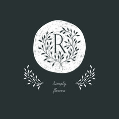 Vector Hand Drawn floral R monogram. Graphic elegant logo with letter R.	 - 462137502