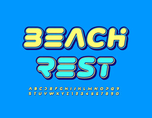 Vector travel Sign Beach Rest. Trendy Bright Font. Creative Alphabet Letters and Numbers set