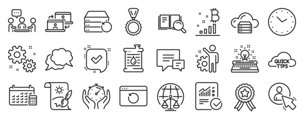Set of Education icons, such as Cloud server, Search book, Timer icons. Outsource work, Employee, Time signs. Recovery server, Magistrates court, Creative painting. Medal, Bitcoin graph. Vector