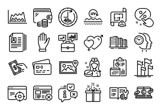 Vector set of Business portfolio, Engineering documentation and Photo location line icons set. Calendar report, Money wallet and Credit card tag. Vector