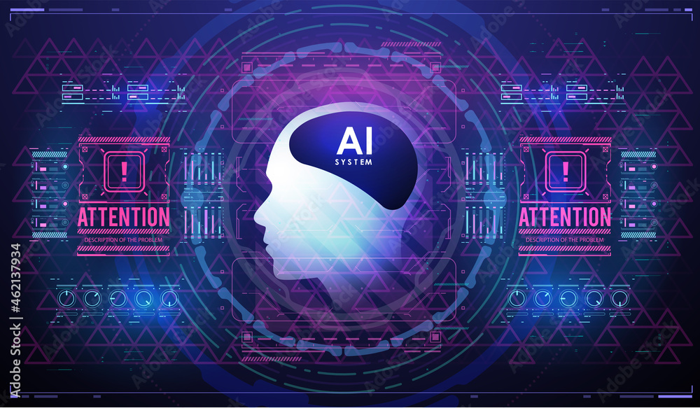 Poster futuristic design of an artificial intelligence brain with futuristic hud elements. ai and technolog