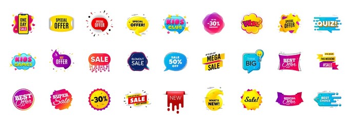 Best sale offer banners. Discounts price deal stickers. Special offer 3d bubble. Promotion sale tag coupons. Quiz bubble banner. Best discount deal sticker templates. Promotion Ad labels. Vector