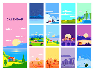 Calendar landscape natural backgrounds of four seasons. Set 12 minimalistic cartoon flat design seasons background