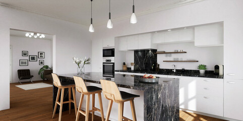 vue 3d cuisine blanche, parquet bois et îlot central en marbre