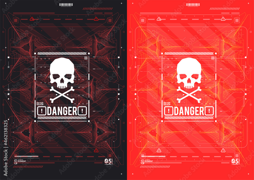 Poster caution futuristic ski-fi ui design elements in modern technology style. warning and alert attention