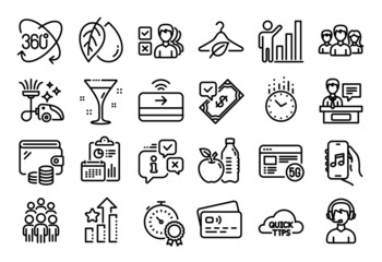 Vector set of Full rotation, Teamwork and Music app line icons set. Calendar report, Money wallet and Credit card tag. Group people, Quick tips and Accepted payment icons. Vector