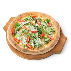 Pizza Caesar isolated on white background. Tasty hot pizza with cheese, salad and tomato on wooden dish or tray for design menu and promotional