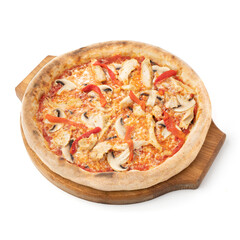 Pizza cheese and chicken, mozzarella, mushrooms isolated on a white background