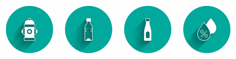 Set Fire hydrant, Bottle of water, and Water drop percentage icon with long shadow. Vector