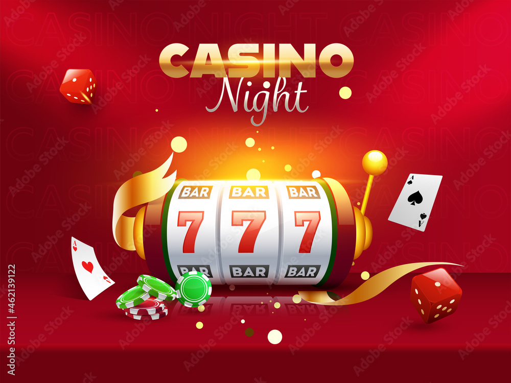 Canvas Prints Casino Night Poster Or Flyer Layout With 3D Slot Machine, Dice, Poker Chips And Ace Cards On Red Background.