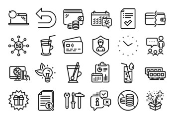 Vector set of Payment methods, Online shopping and Approved checklist line icons set. Calendar report, Money wallet and Credit card tag. No cash, Travel calendar and Recovery laptop icons. Vector