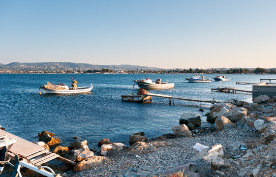 Old traditional fishing boats or trawlers anchored on the sea