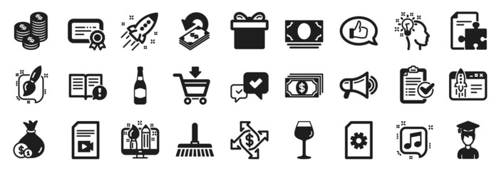 Set of simple icons, such as Approve, Beer bottle, Payment exchange icons. Megaphone, Cashback, Idea signs. Facts, Gift box, Survey checklist. Certificate, Student, Strategy. Payment, Cash. Vector