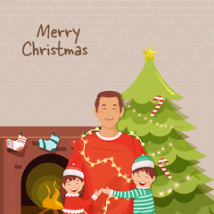 Vector Illustration Of Man Hugging His Children With Decorative Xmas Tree And Fireplace On Beige Brick Wall Background For Merry Christmas.