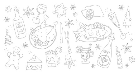 Christmas Menu Set in doodle style. Xmas eve food and drinks. Merry Christmas dinner. X-mas party tasty cooking. 