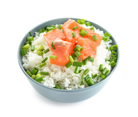 Tasty poke bowl on white background
