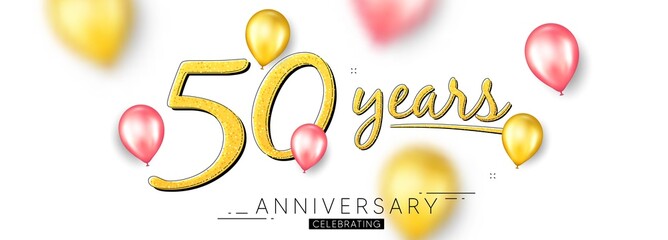 50 years anniversary. Happy birthday balloons background. Fifty years celebration icon. Anniversary celebration banner. Jubilee party balloons background. Wedding or Birthday card. Vector © blankstock