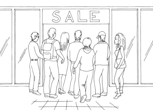 Crowd of people go to the store mall graphic black white interior sketch illustration vector