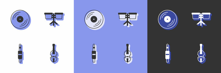 Set Violin, Vinyl disk, Audio jack and Bongo drum icon. Vector