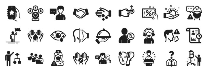 Naklejka na ściany i meble Set of People icons, such as Bitcoin project, Hiring employees, Sunny weather icons. Find user, Builder warning, Ð¡onjunctivitis eye signs. Teamwork, Leadership, Drag drop. Person talk. Vector