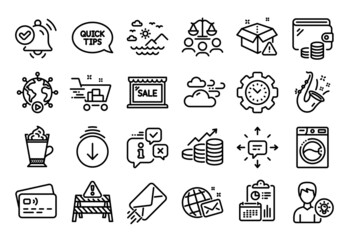 Vector set of Court jury, E-mail and Quickstart guide line icons set. Calendar report, Money wallet and Credit card tag. Shopping cart, Latte coffee and Windy weather icons. Vector