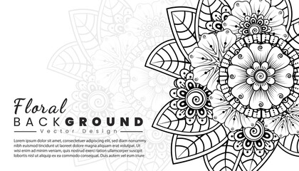 Background with mehndi flowers. Black lines on white background. Banner or card template