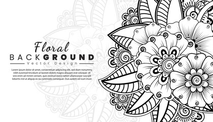 Background with mehndi flowers. Black lines on white background. Banner or card template