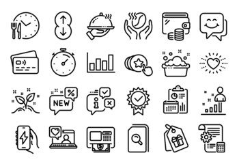Vector set of Settings blueprint, Smile face and Coffee line icons set. Calendar report, Money wallet and Credit card tag. Stats, Search files and Timer icons. Vector