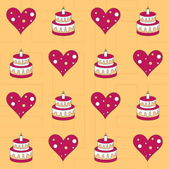 Seamless Decorative Heart And Cake Pattern Background.