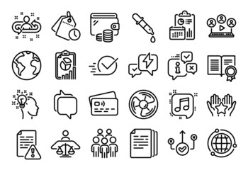 Vector set of Correct way, Court judge and Instruction manual line icons set. Calendar report, Money wallet and Credit card tag. Report, Video conference and Globe icons. Vector