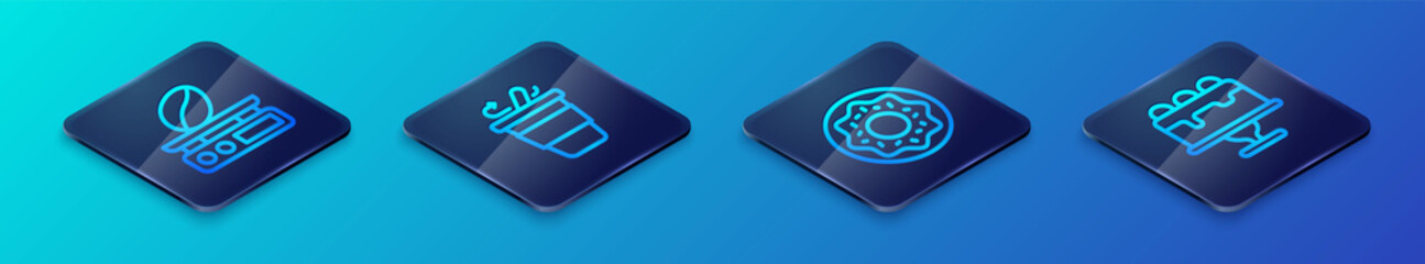Set Isometric line Donut, Electronic coffee scales, Cake and Coffee cup to go icon. Vector