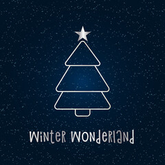 Silver silhouette of a Christmas tree with snow and star on a dark blue background. Merry Christmas and Happy New Year 2022. Vector illustration. Winter Wonderland.