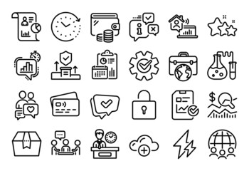 Vector set of Statistics timer, Stars and Approved line icons set. Calendar report, Money wallet and Credit card tag. Package box, Businessman case and Cogwheel icons. Vector