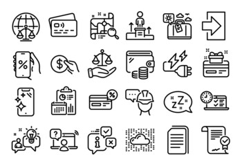 Vector set of Business podium, Cashback and Online test line icons set. Calendar report, Money wallet and Credit card tag. Justice scales, Online question and Discounts app icons. Vector