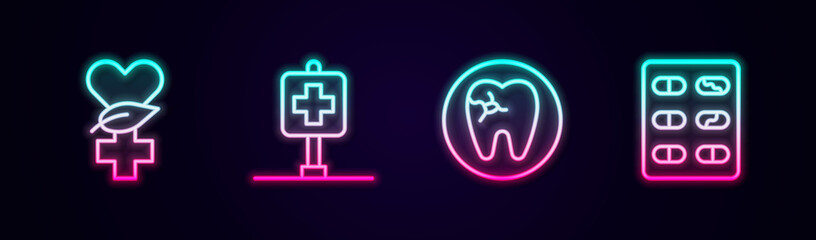 Set line Ethnoscience, Location hospital, Tooth with caries and Pills in blister pack. Glowing neon icon. Vector