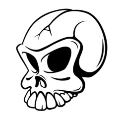 The drawing of a human skull is cracked with black streaks.