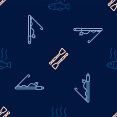 Set line Dead fish, Fishing rod and Oars or paddles boat on seamless pattern. Vector