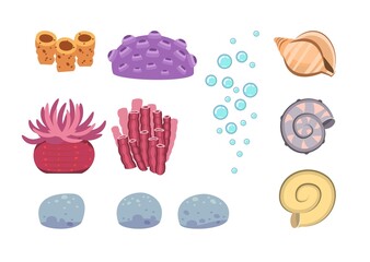 Set of marine objects: corals, plants, shells, algae and bubbles. Underwater. Aquarium or sea. Summer water. Isolated on white background. Illustration in cartoon style. Flat design. Vector art